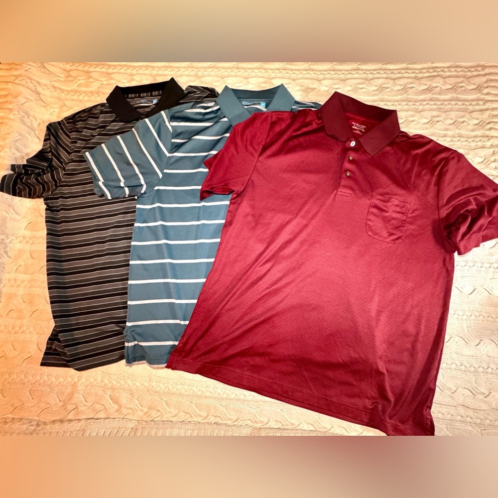 Lot of 3 Men's Striped Golf Polo Shirts- Black, Blue, Red Size XL #1320